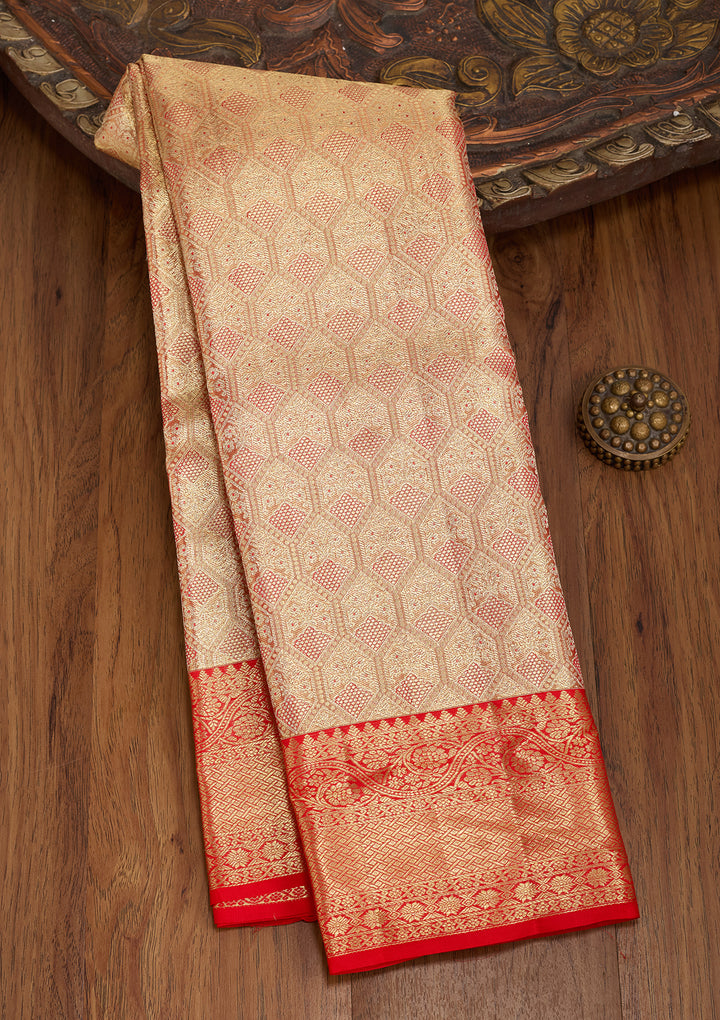 Red Silk Jaal Saree With Matching Blouse Piece