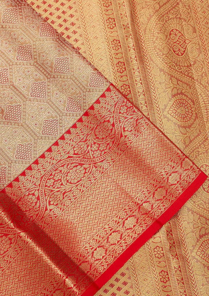 Red Silk Jaal Saree With Matching Blouse Piece
