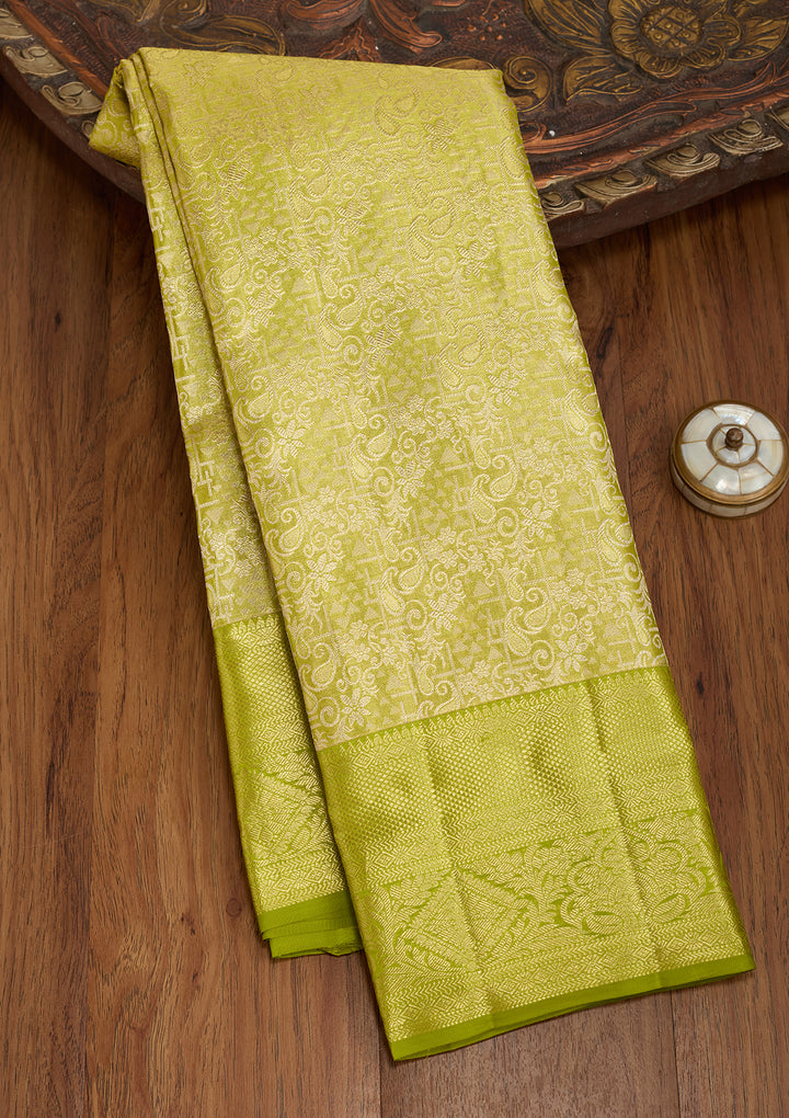 Parrot Green Silk Jaal Saree With Matching Blouse Piece