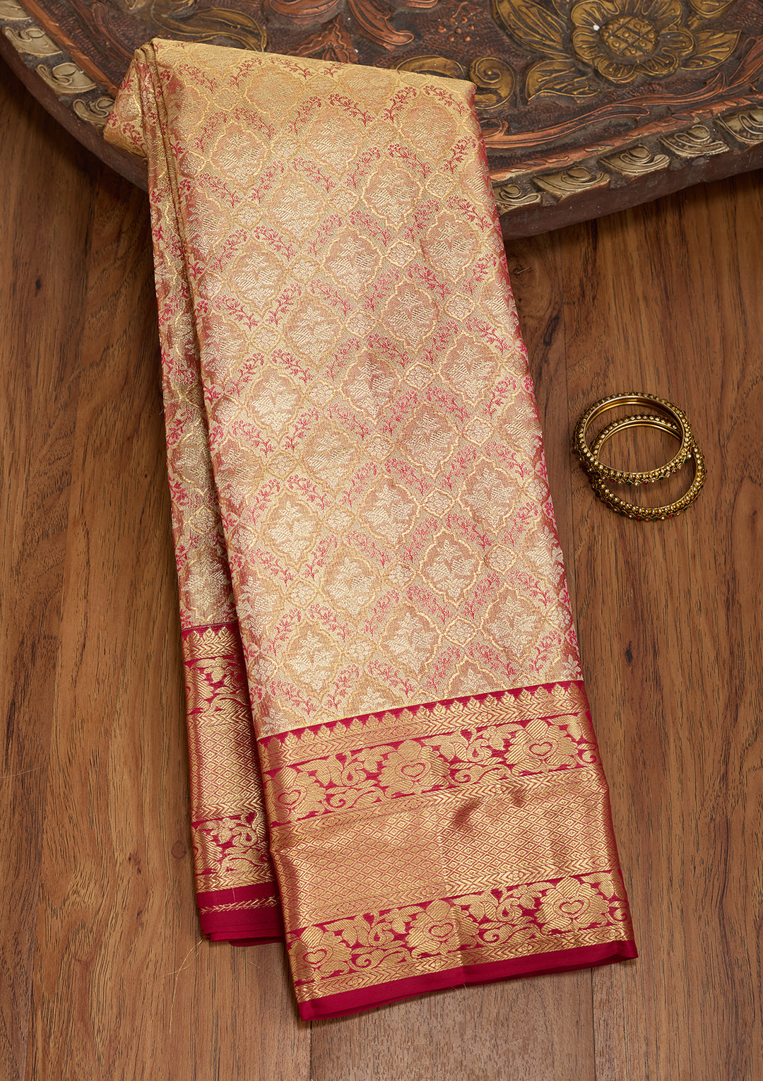 Peach Silk Jaal Saree With Matching Blouse Piece