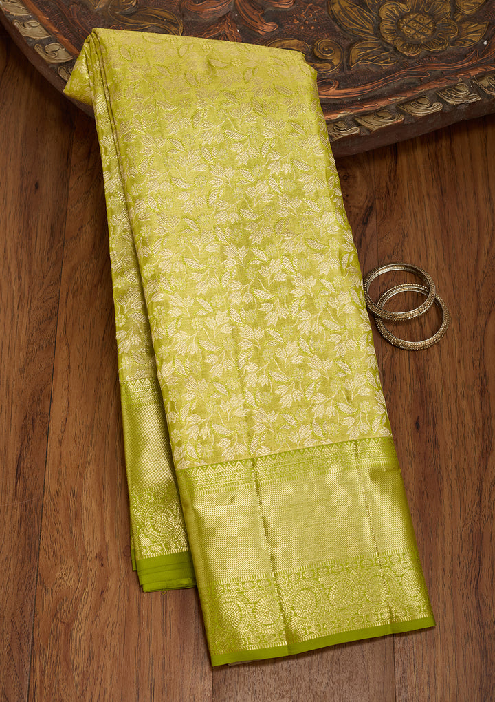 Parrot Green Silk Jaal Saree With Matching Blouse Piece