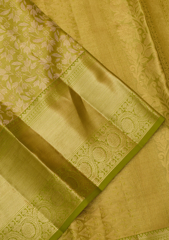 Parrot Green Silk Jaal Saree With Matching Blouse Piece
