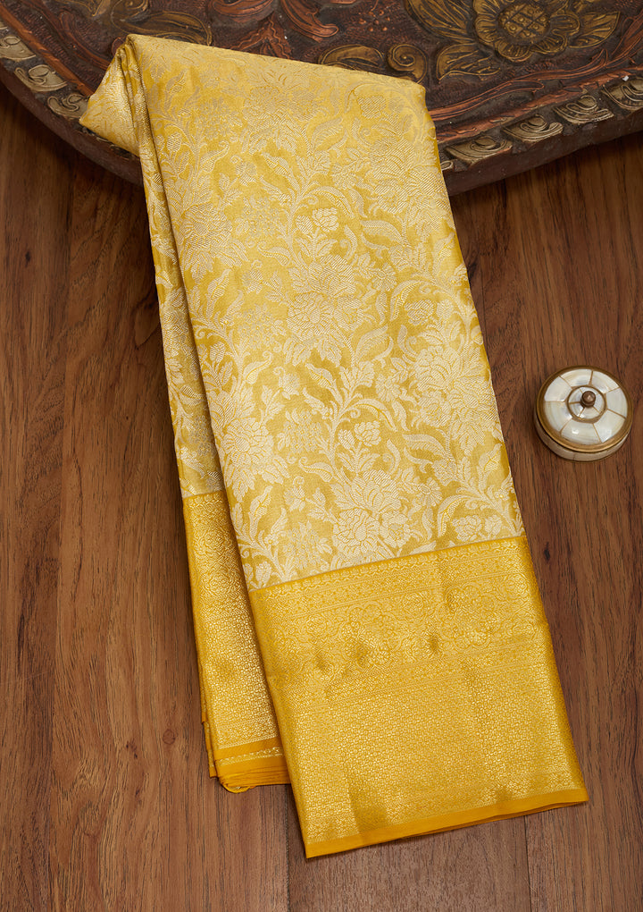 Yellow Silk Jaal Saree With Matching Blouse Piece