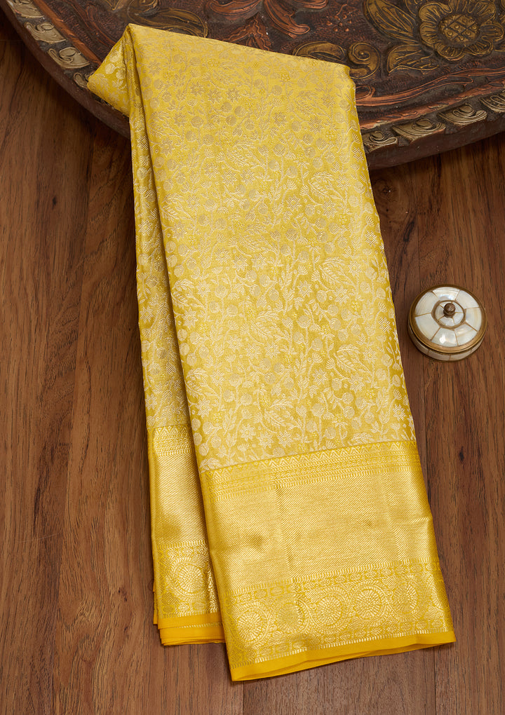 Yellow Silk Jaal Saree With Matching Blouse Piece