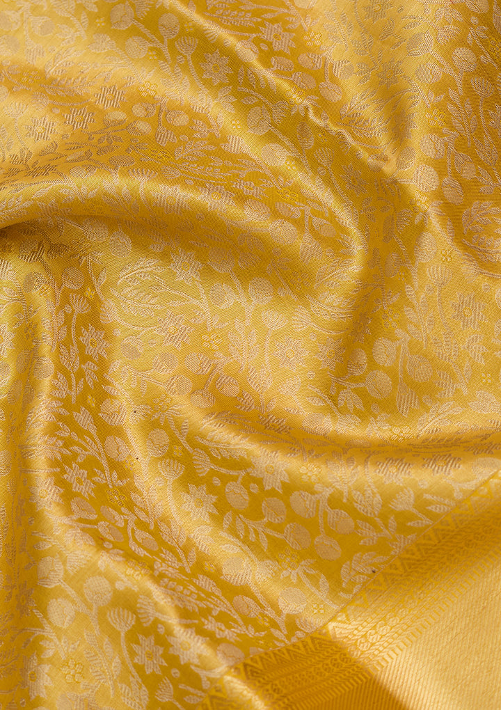 Yellow Silk Jaal Saree With Matching Blouse Piece