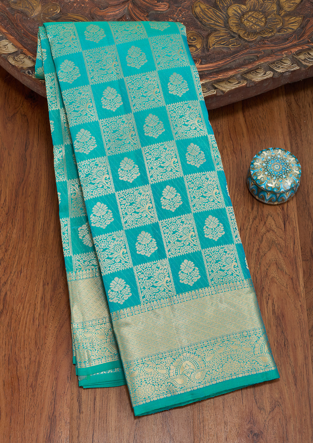 Rama Green Silk Checks Saree With Matching Blouse Piece