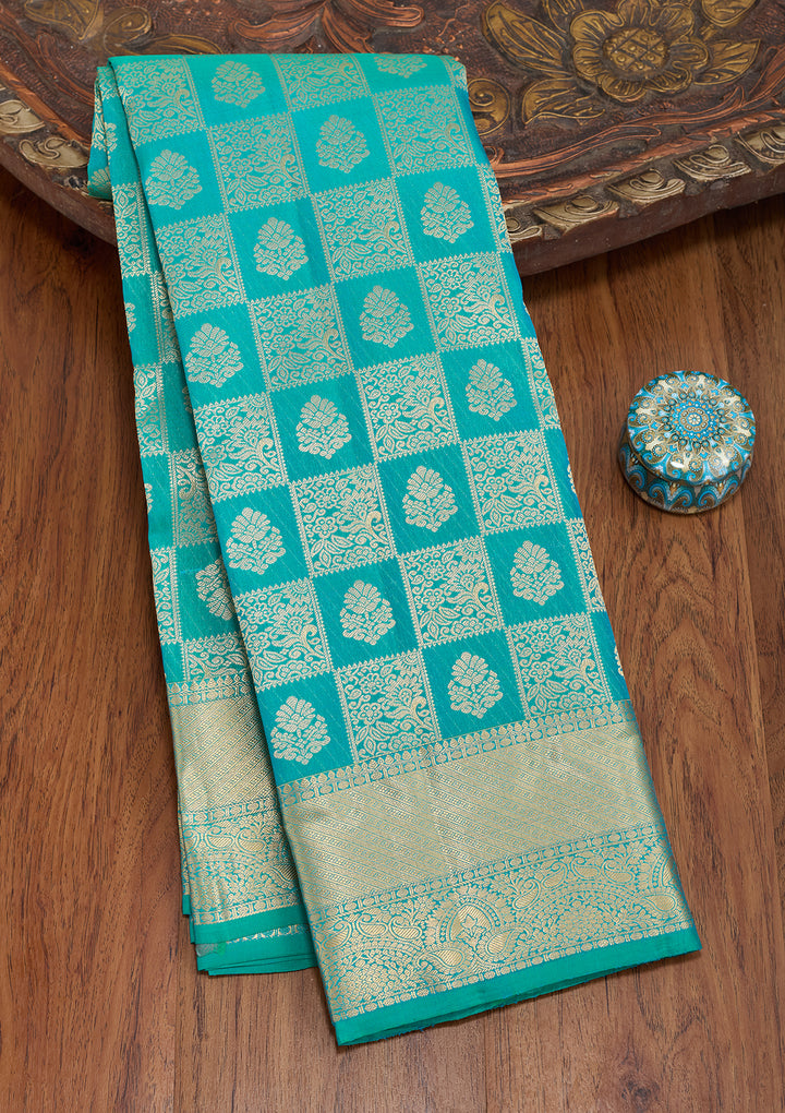 Rama Green Silk Checks Saree With Matching Blouse Piece