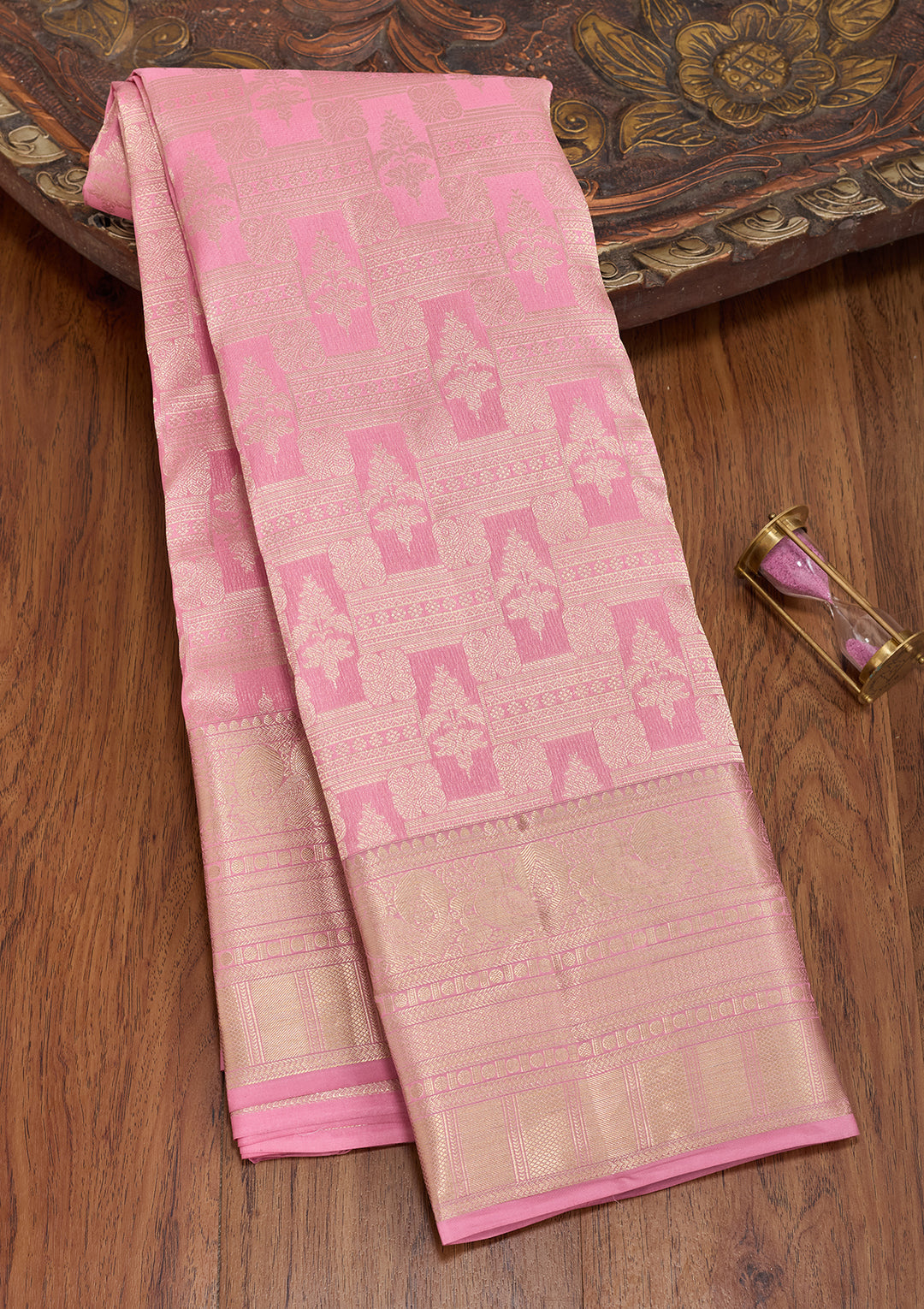 Pink Silk Checks Saree With Matching Blouse Piece