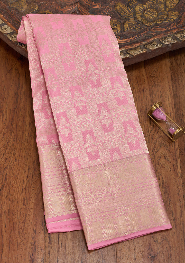 Pink Silk Checks Saree With Matching Blouse Piece