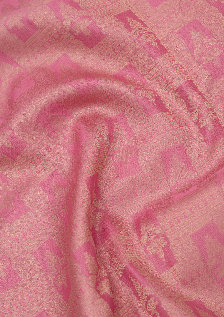 Pink Silk Checks Saree With Matching Blouse Piece