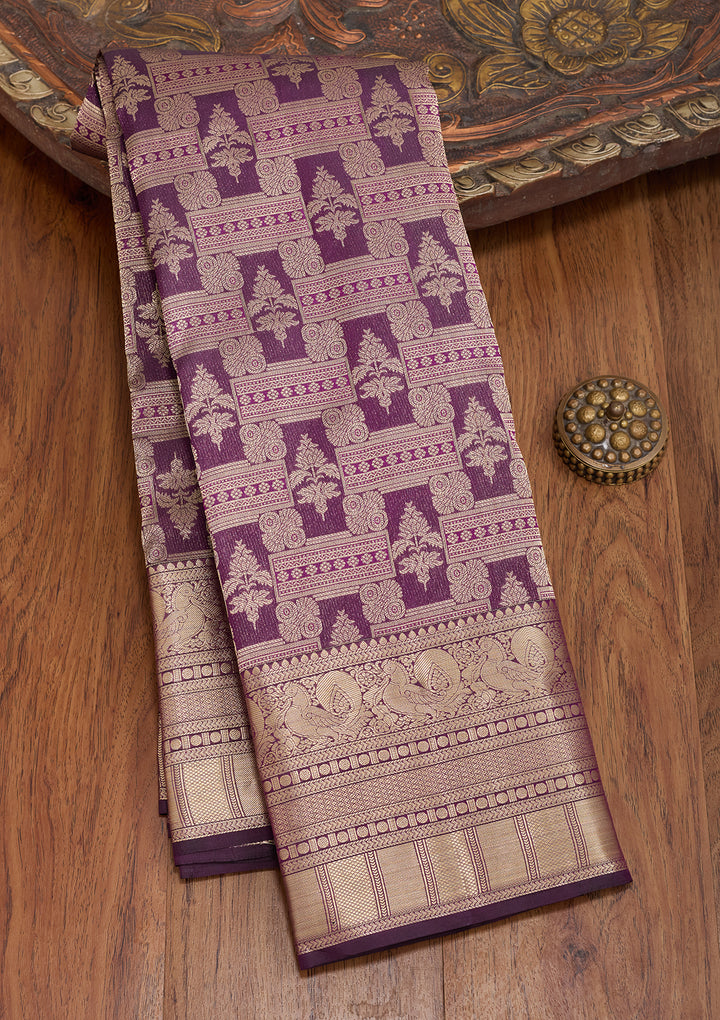 Purple Silk Checks Saree With Matching Blouse Piece