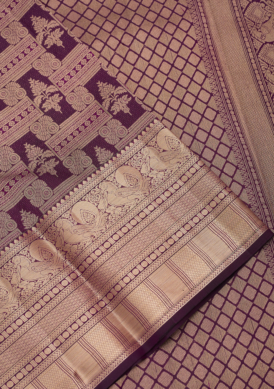 Purple Silk Checks Saree With Matching Blouse Piece