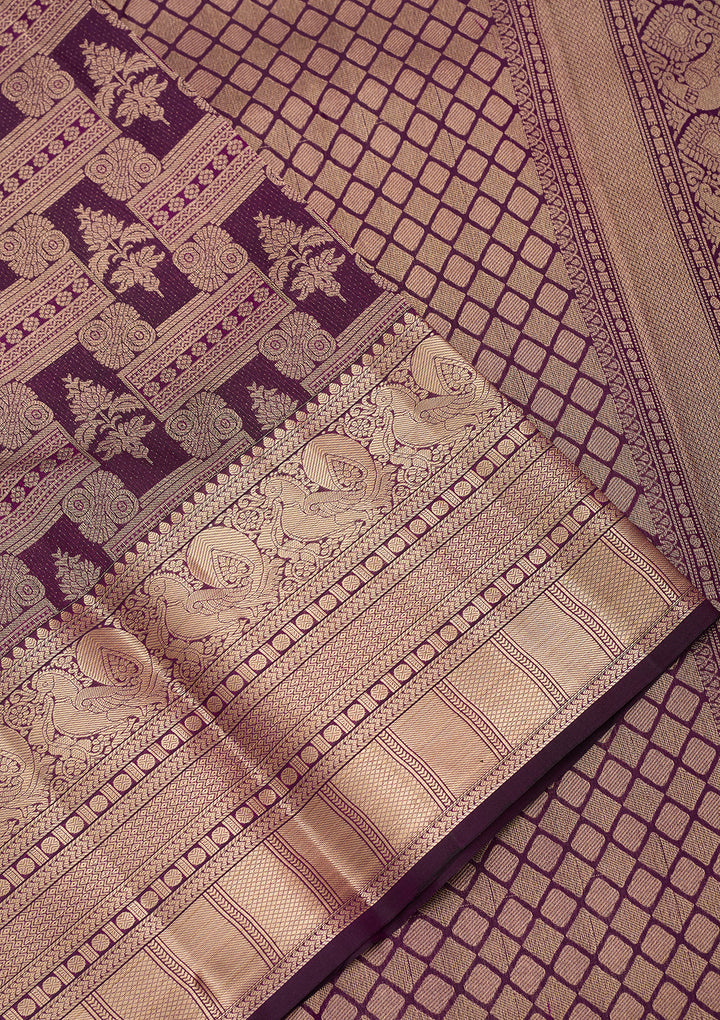 Purple Silk Checks Saree With Matching Blouse Piece