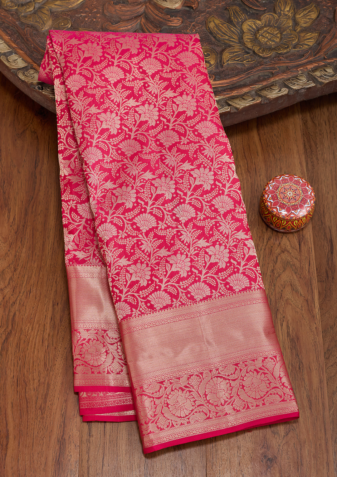 Rani Pink Silk Jaal Saree With Matching Blouse Piece