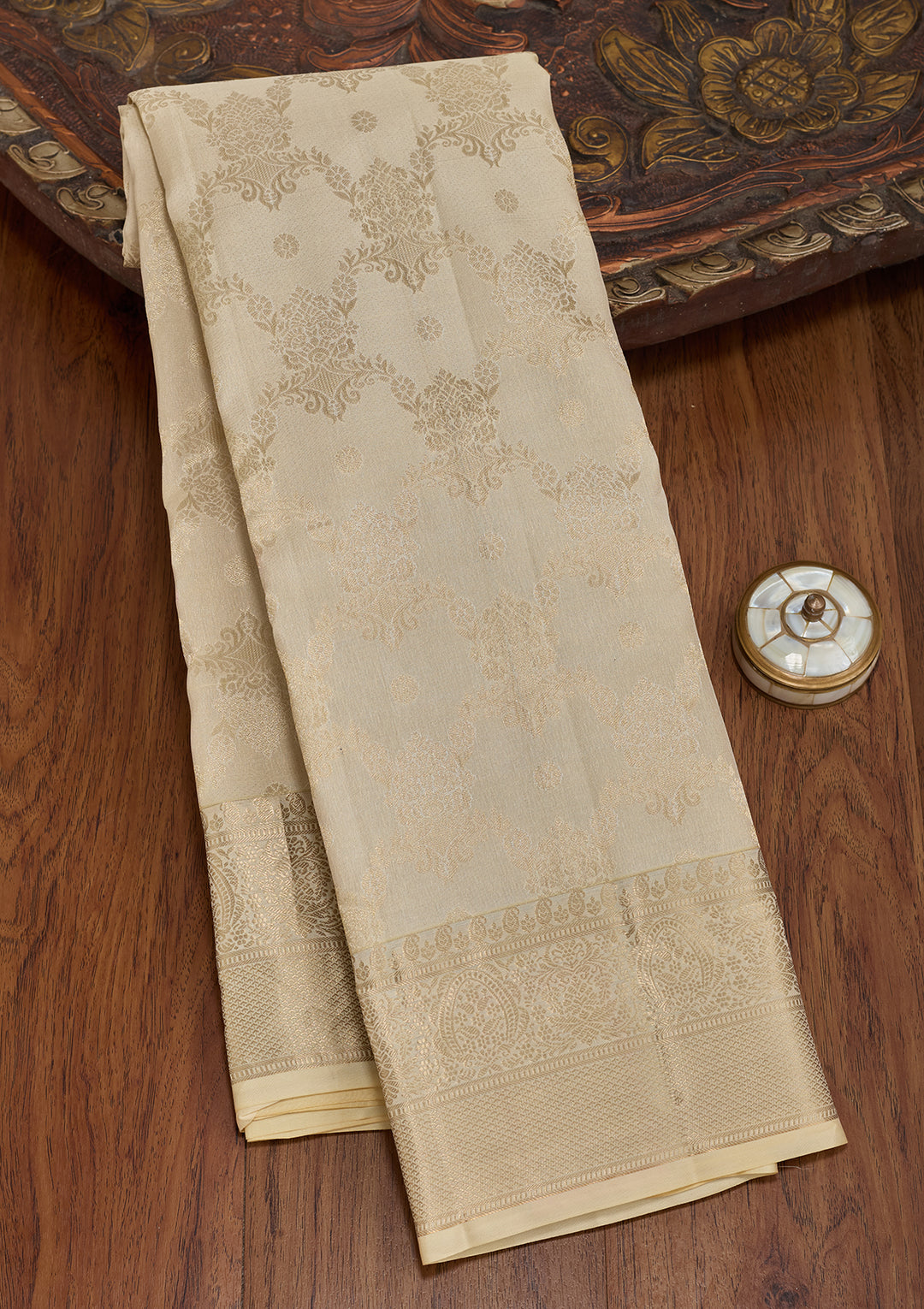 Cream Silk Jaal Saree With Matching Blouse Piece