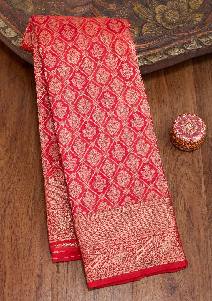 Orange Silk Checks Saree With Matching Blouse Piece