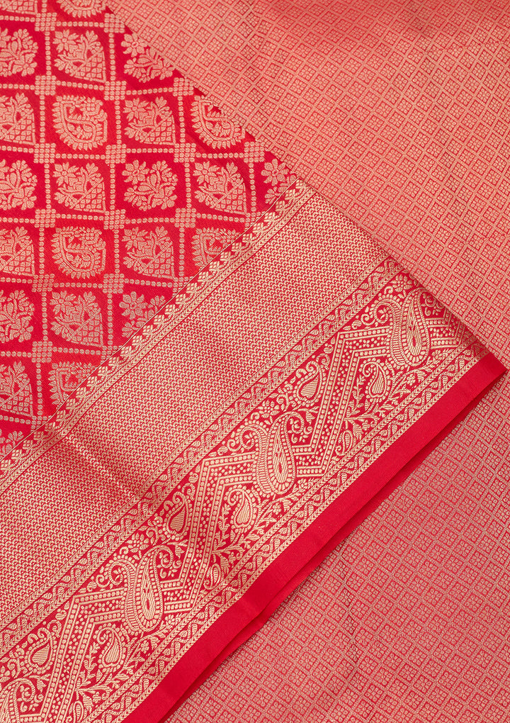 Orange Silk Checks Saree With Matching Blouse Piece