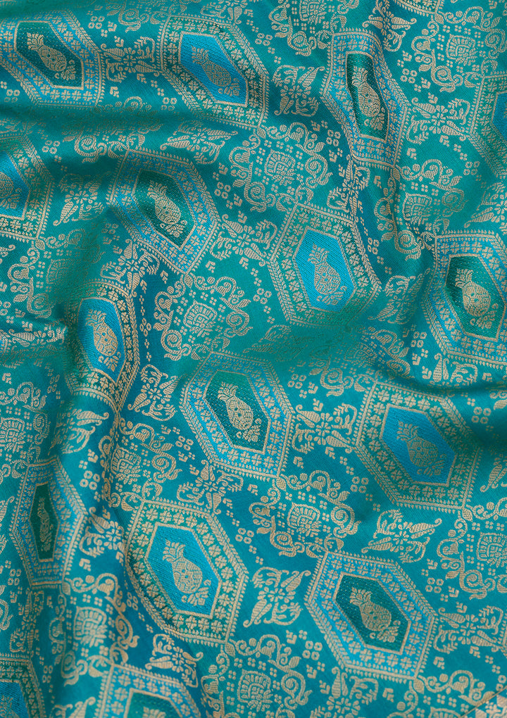 Peacock Green Silk Jaal Saree With Matching Blouse Piece