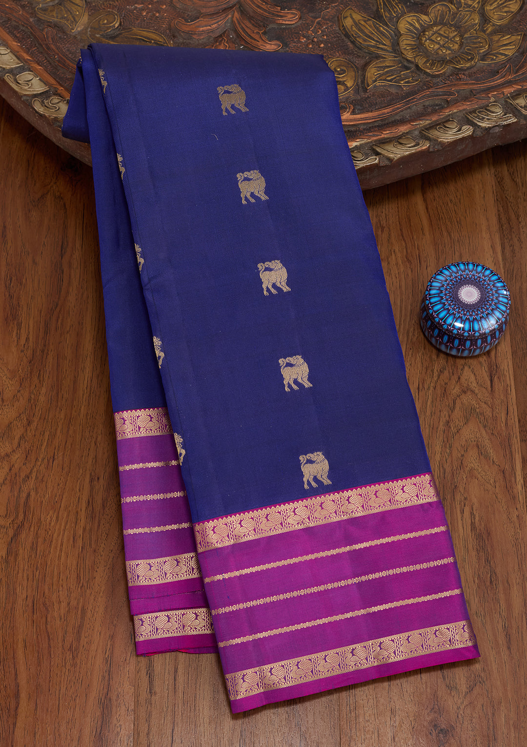 Royal Blue Silk Buti Saree With Matching Blouse Piece