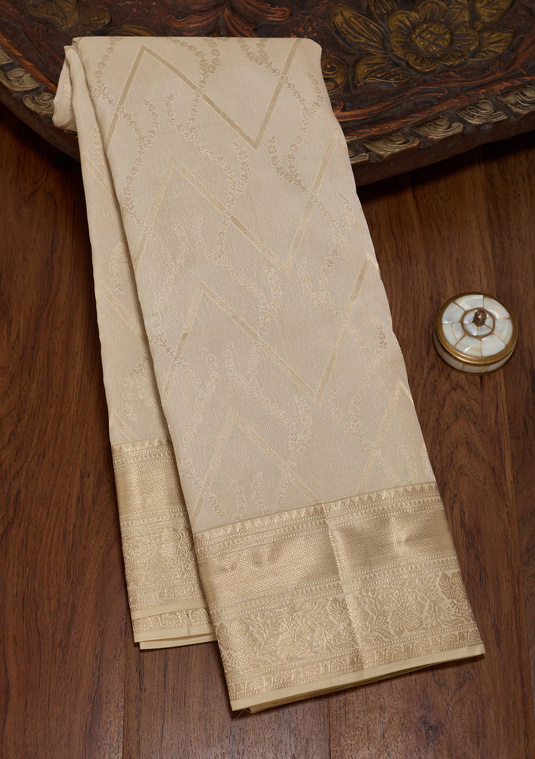 Cream Silk Jaal Saree With Matching Blouse Piece