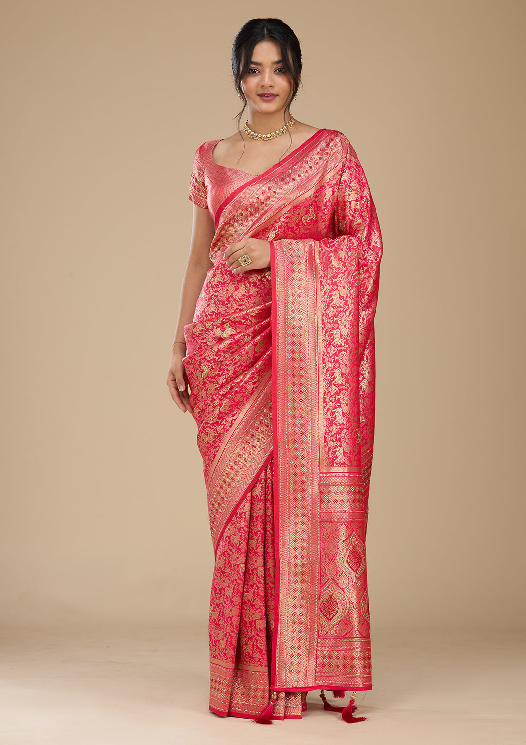 Rani Pink Banarasi Art Silk Saree With Matching Blouse Piece
