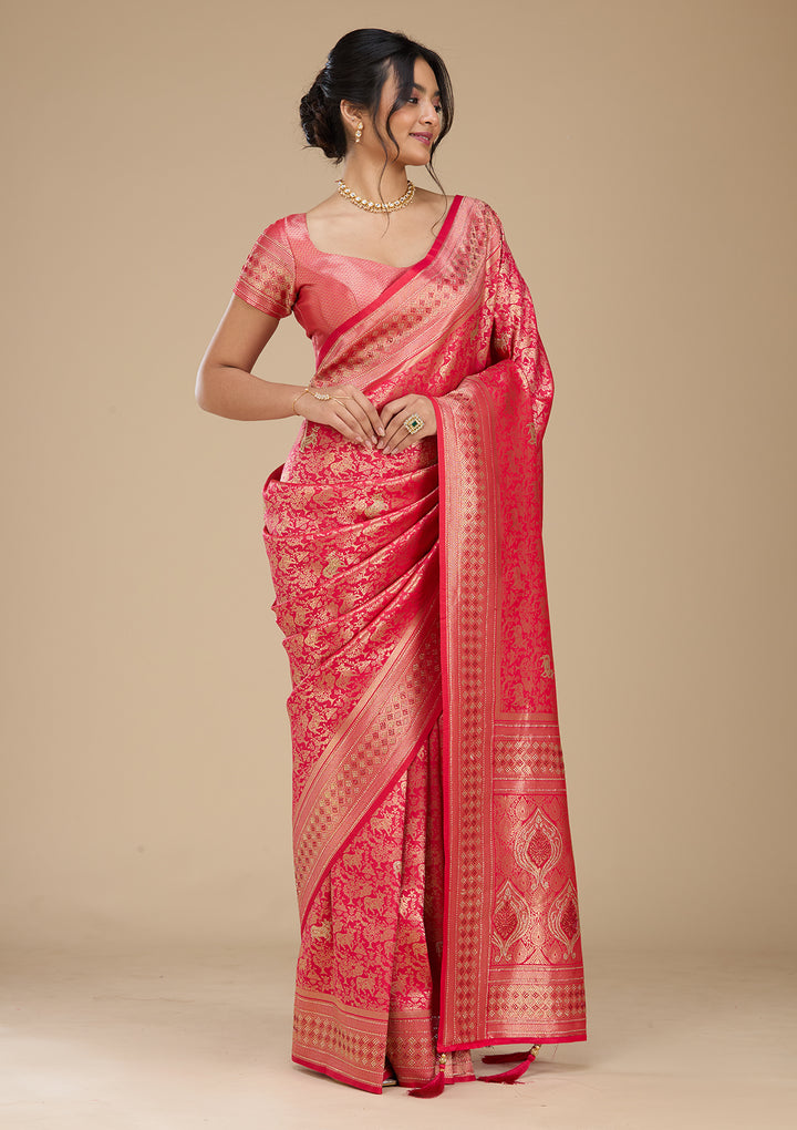 Rani Pink Banarasi Art Silk Saree With Matching Blouse Piece