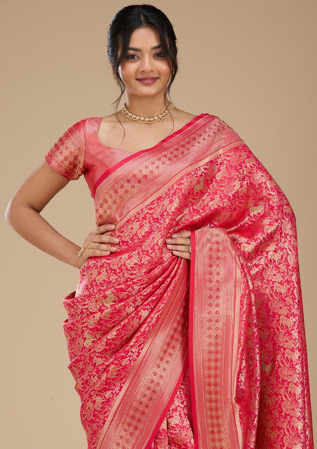 Rani Pink Banarasi Art Silk Saree With Matching Blouse Piece