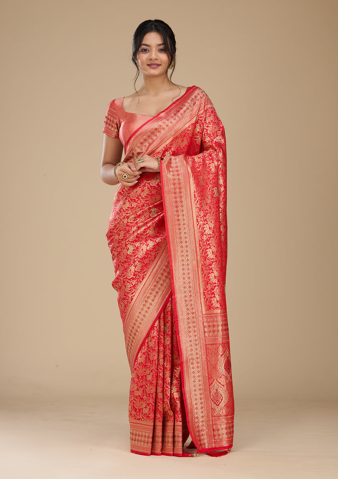 Red Banarasi Art Silk Saree With Matching Blouse Piece