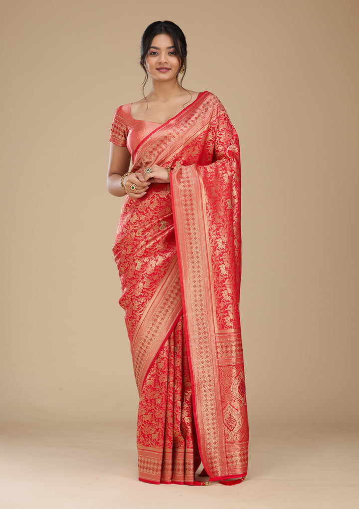 Red Banarasi Art Silk Saree With Matching Blouse Piece