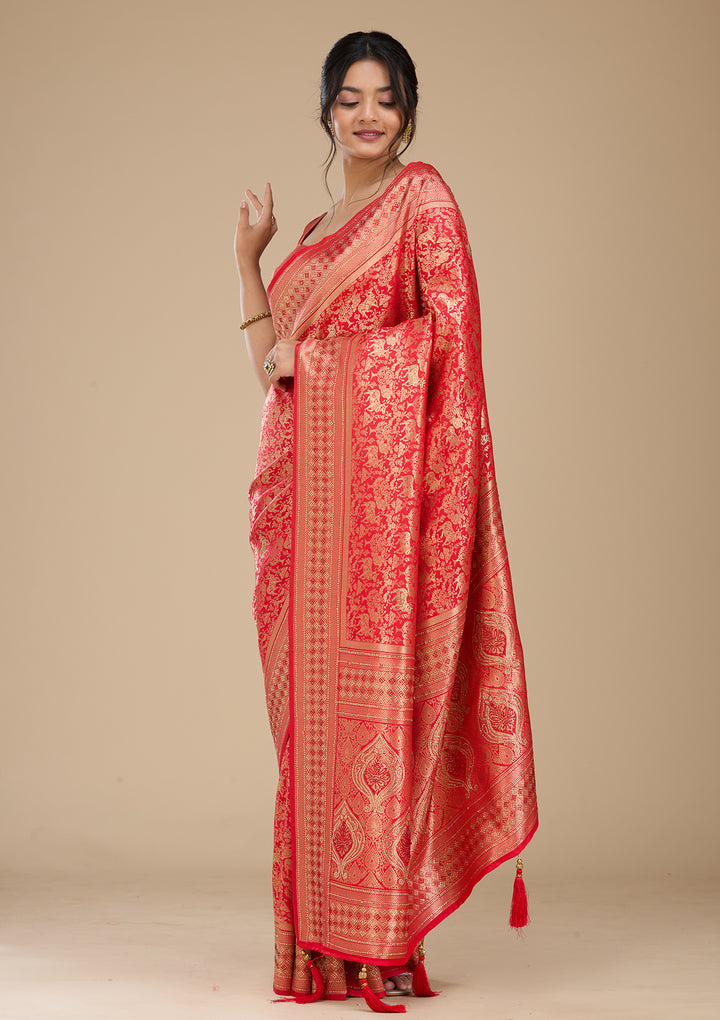 Red Banarasi Art Silk Saree With Matching Blouse Piece