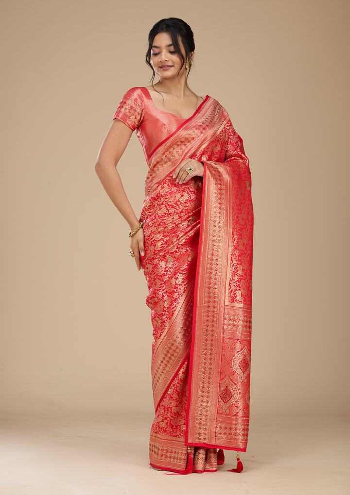 Red Banarasi Art Silk Saree With Matching Blouse Piece