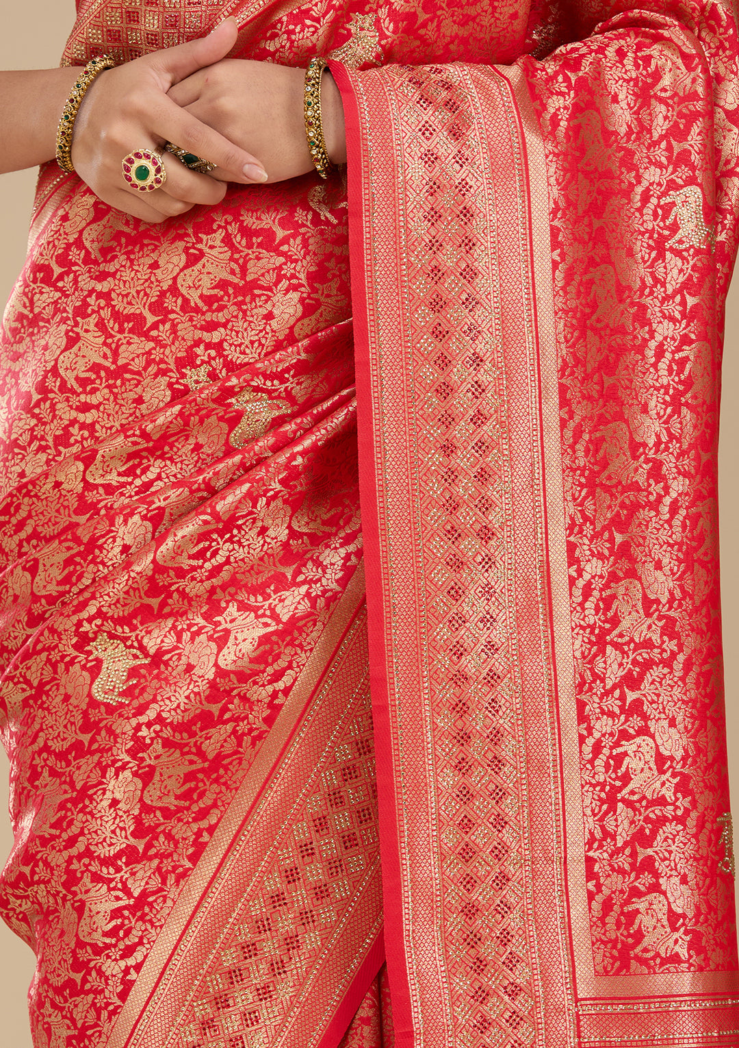 Red Banarasi Art Silk Saree With Matching Blouse Piece