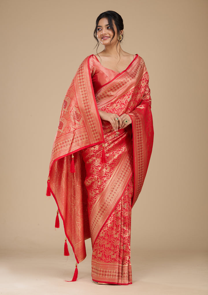 Red Banarasi Art Silk Saree With Matching Blouse Piece