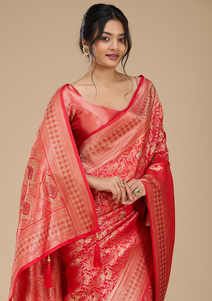 Red Banarasi Art Silk Saree With Matching Blouse Piece