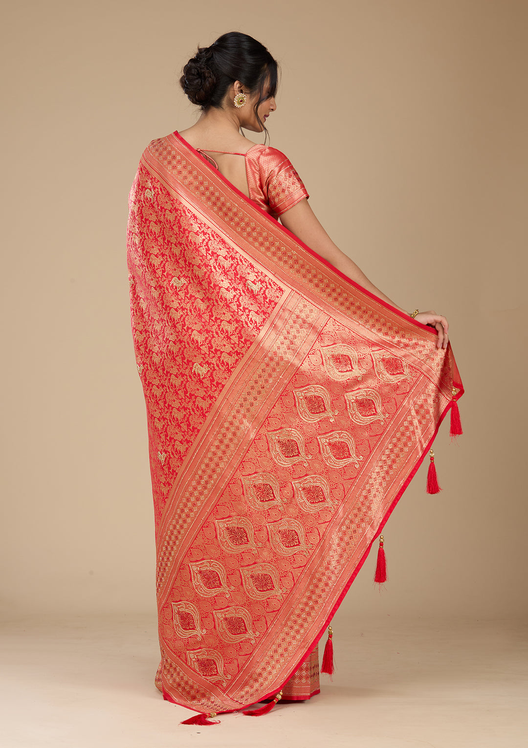 Red Banarasi Art Silk Saree With Matching Blouse Piece