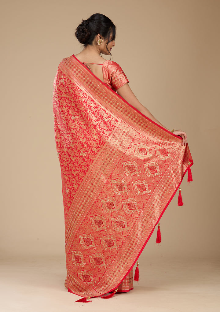 Red Banarasi Art Silk Saree With Matching Blouse Piece