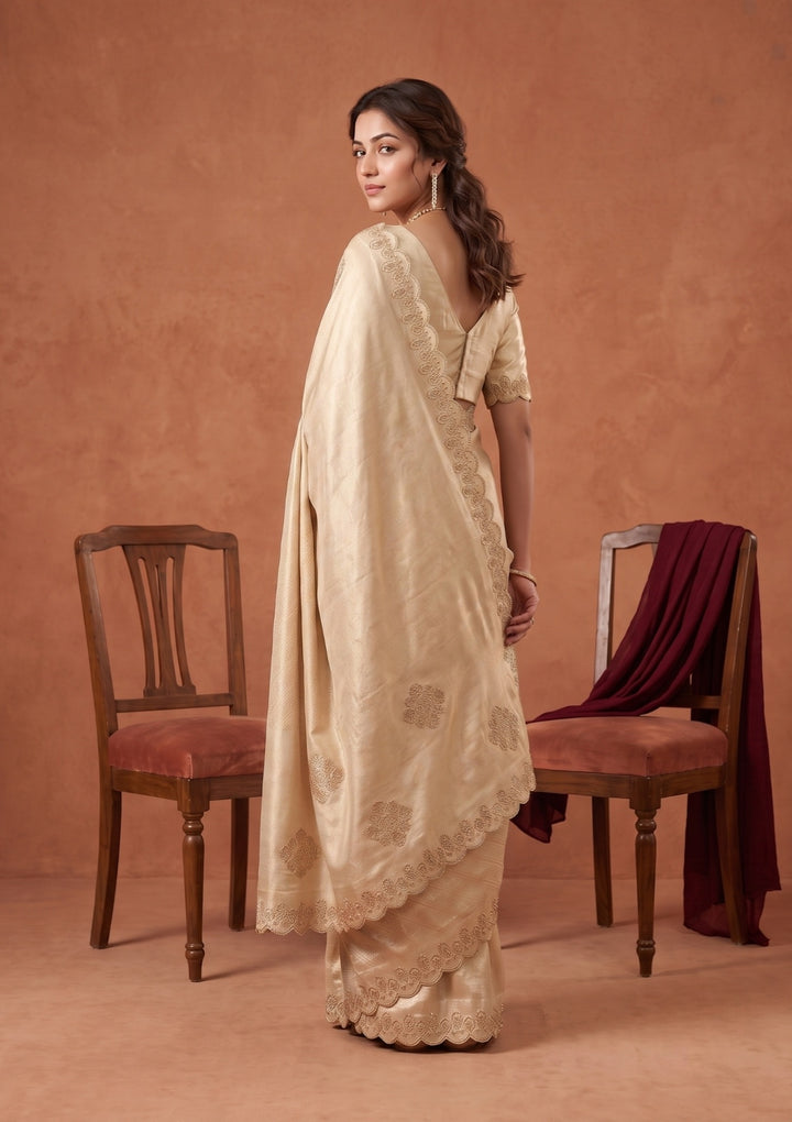 Gold Silk Jaal Swarovski Saree With Matching Blouse Piece
