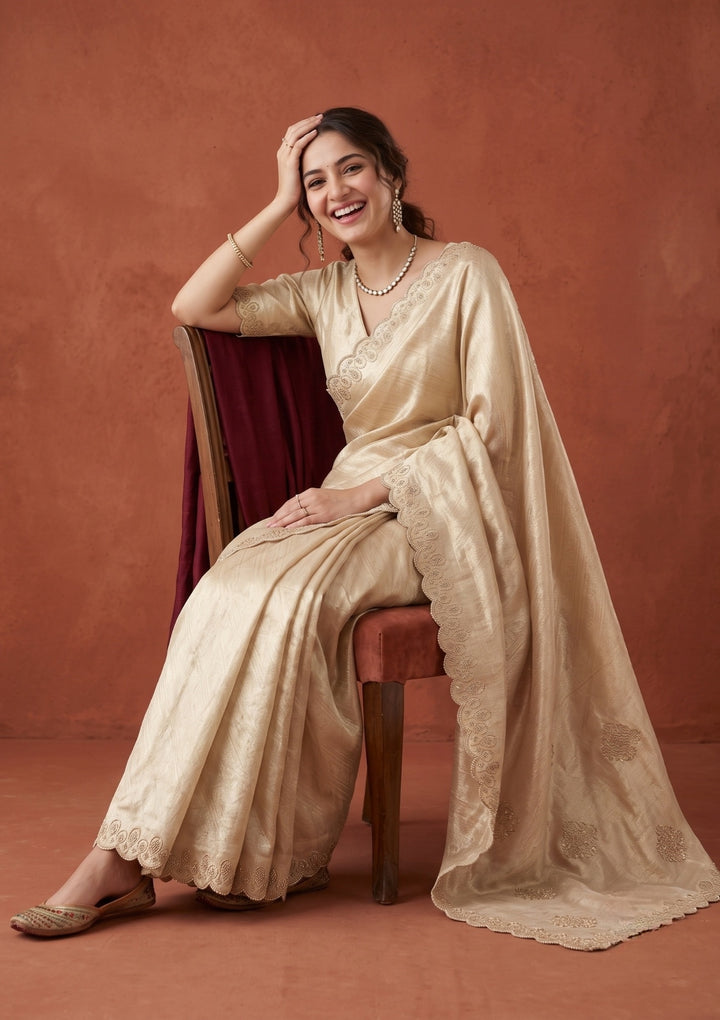 Gold Silk Jaal Swarovski Saree With Matching Blouse Piece