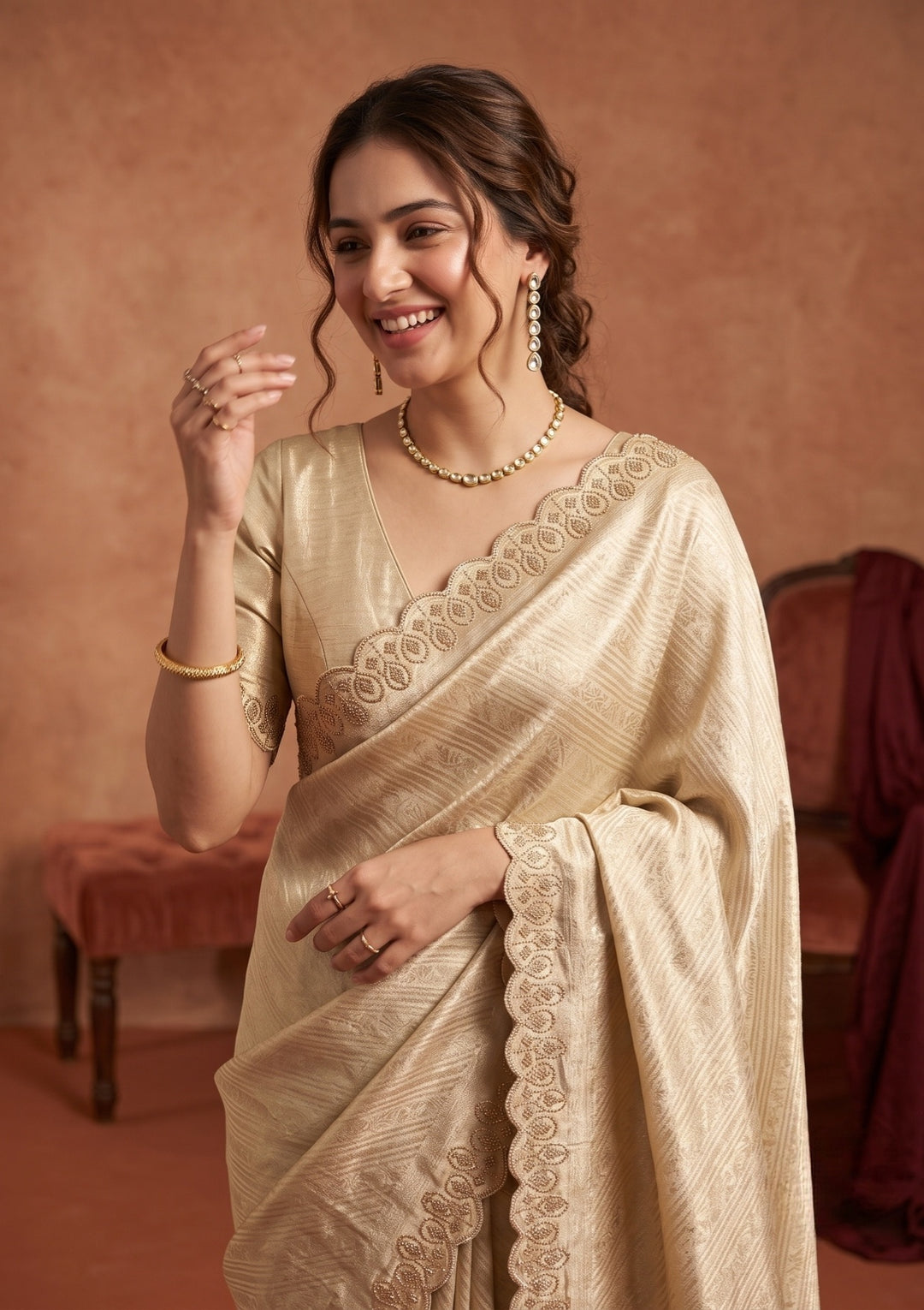 Gold Silk Jaal Swarovski Saree With Matching Blouse Piece