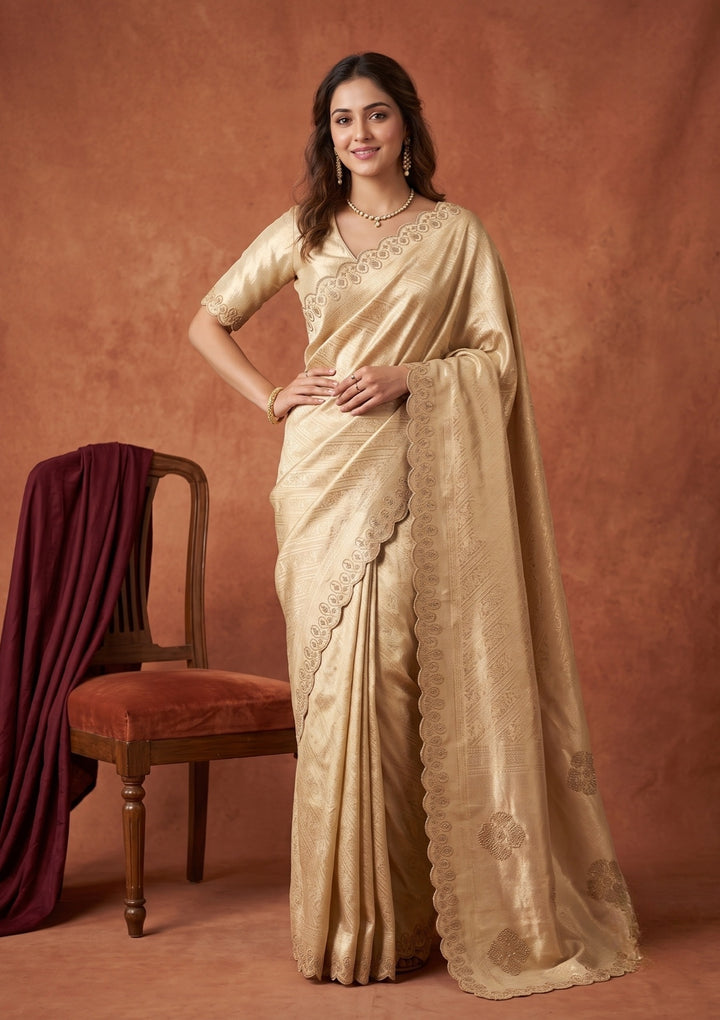 Gold Silk Jaal Swarovski Saree With Matching Blouse Piece
