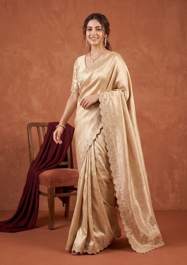 Gold Silk Jaal Swarovski Saree With Matching Blouse Piece
