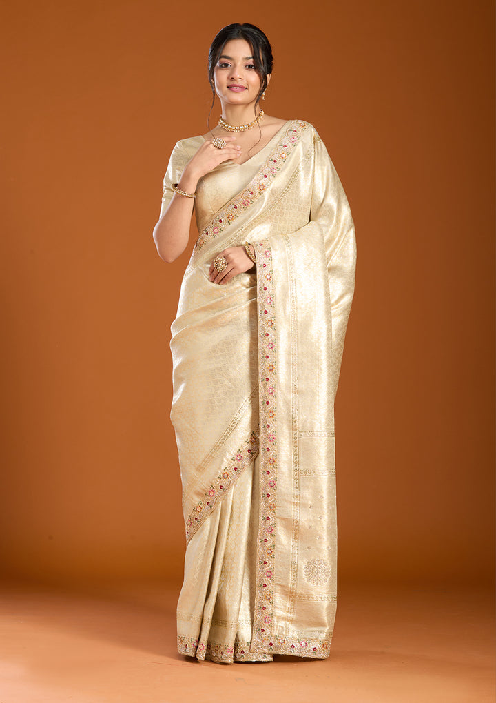 Beige Banarasi Art Silk Saree With Matching Blouse Piece
