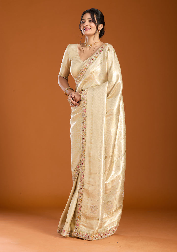 Beige Banarasi Art Silk Saree With Matching Blouse Piece