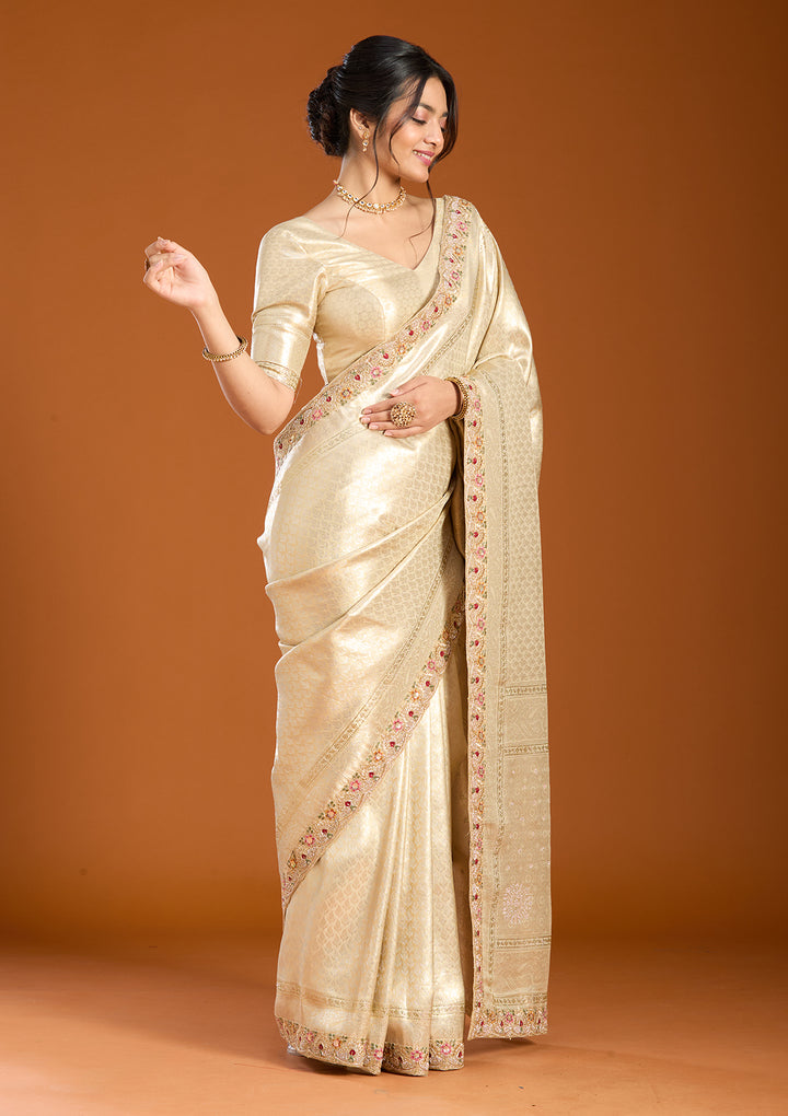 Beige Banarasi Art Silk Saree With Matching Blouse Piece