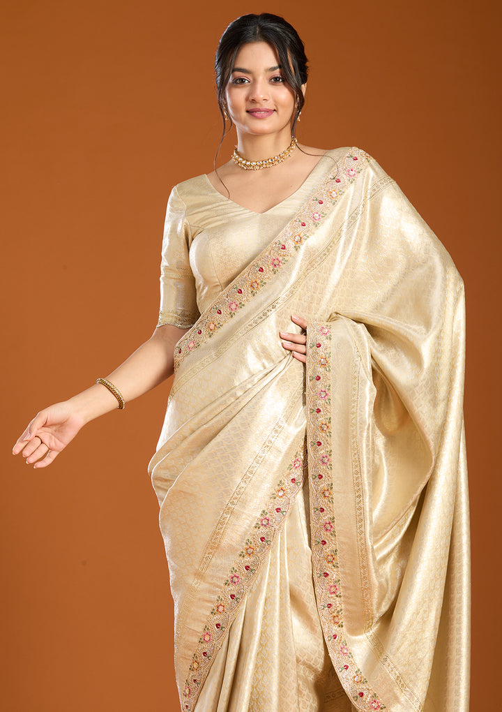 Beige Banarasi Art Silk Saree With Matching Blouse Piece