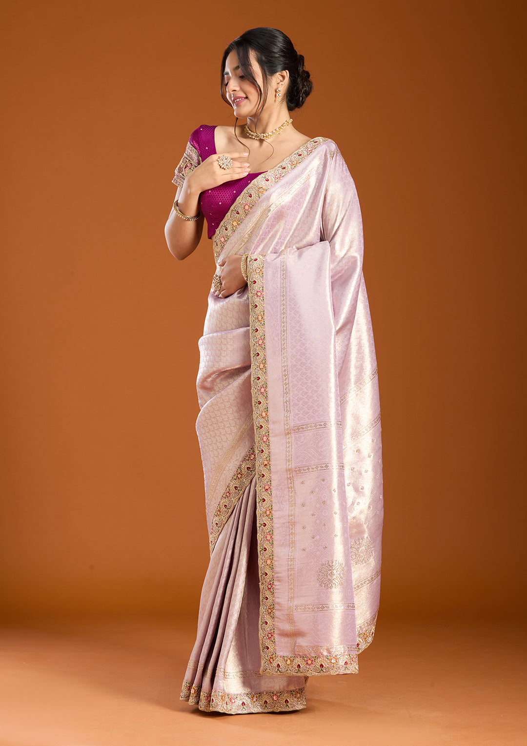 Lavender Banarasi Art Silk Saree With Matching Blouse Piece