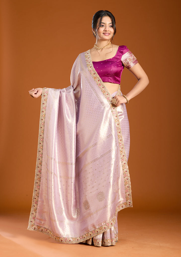 Lavender Banarasi Art Silk Saree With Matching Blouse Piece