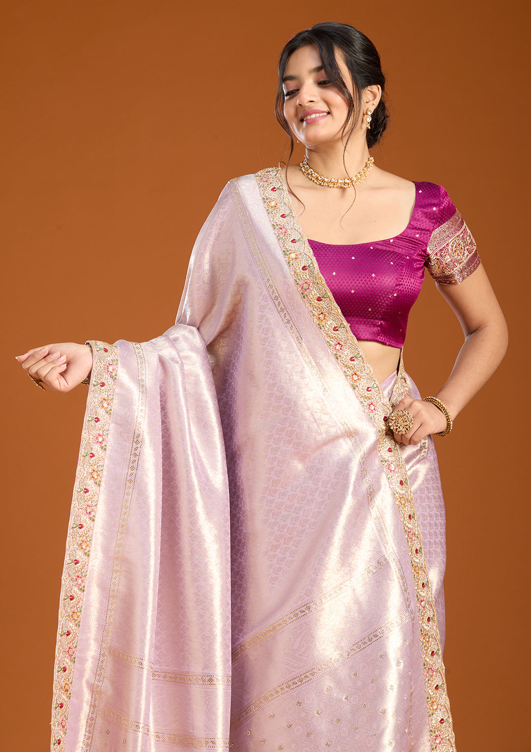 Lavender Banarasi Art Silk Saree With Matching Blouse Piece