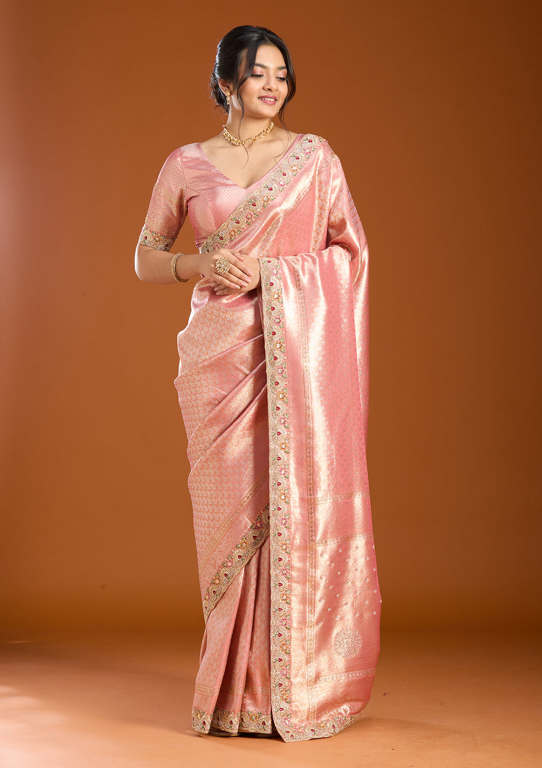Peach Banarasi Art Silk Saree With Matching Blouse Piece