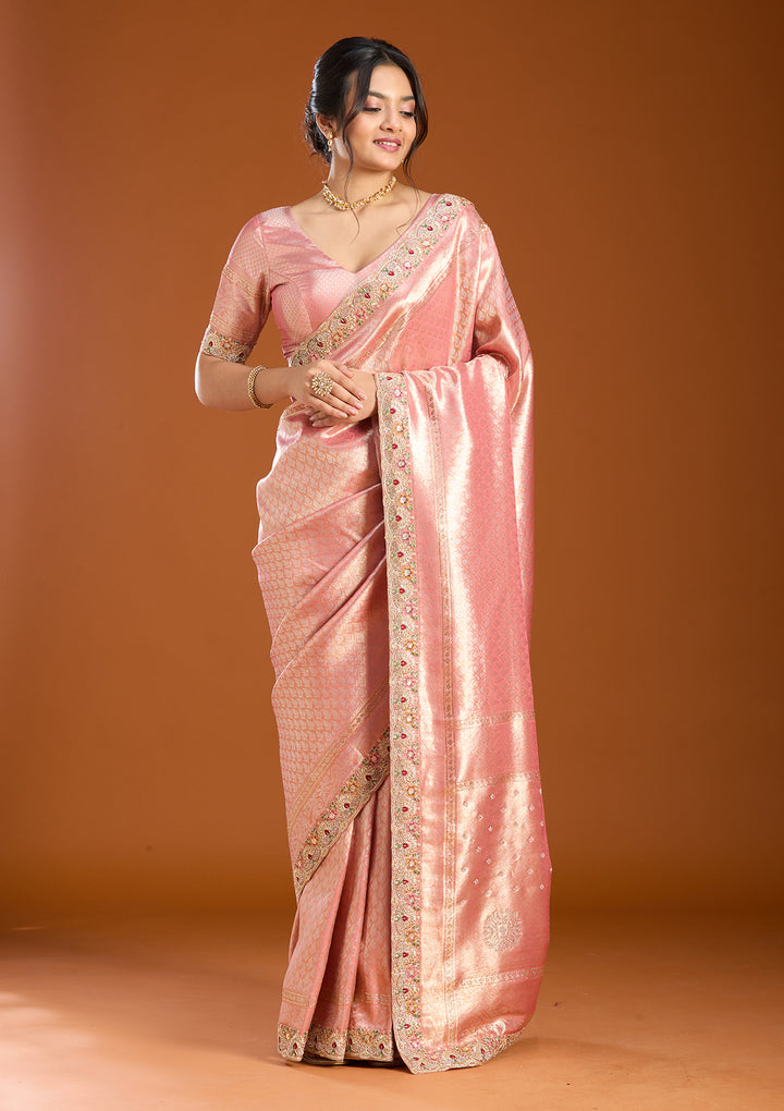 Peach Banarasi Art Silk Saree With Matching Blouse Piece